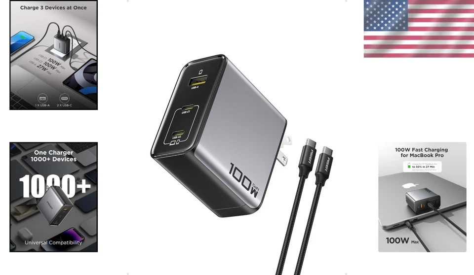 100W GaN USB C Wall Charger - 3-Port Fast Charging - Image 2 of 4