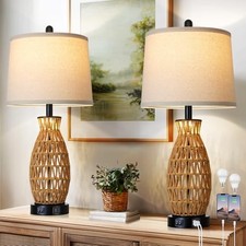 27" Rattan Table Lamps Set of 2 with Night Light, Boho Wicker Rattan 2 Pack 