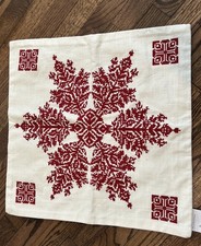 New Pottery Barn Drew Embroidered Snowflake Pillow Cover 20" Beige/Red Christmas