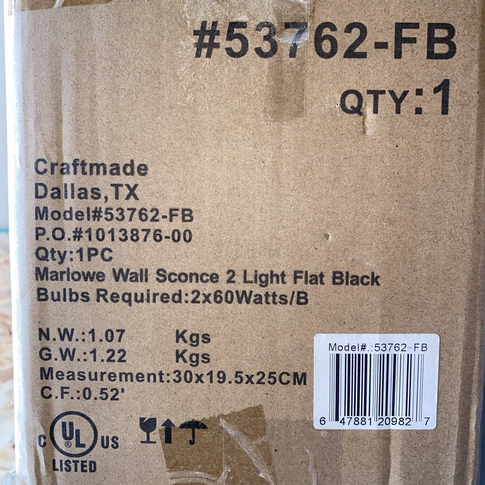 Aplique de pared Craftmade Lighting 53762-FB Marlowe 2 luces plano negro Foto 2 de 2