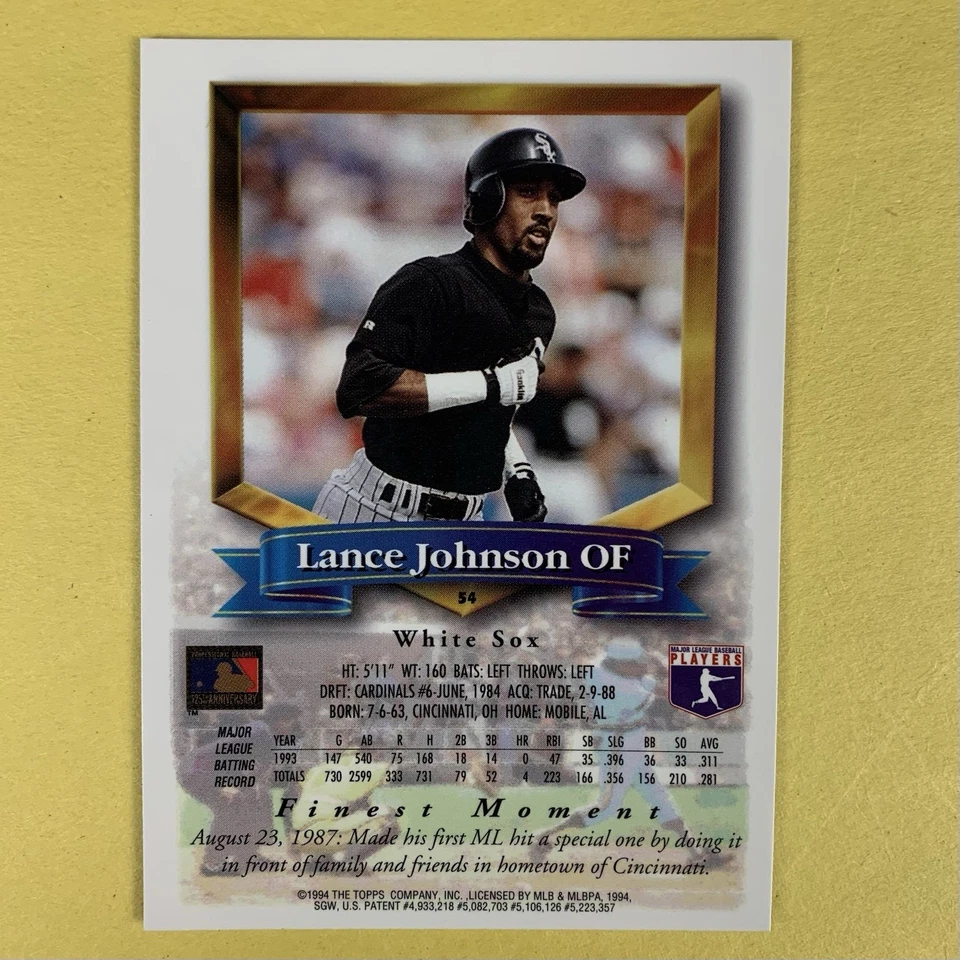 1994 Topps Finest Baseball Lance Johnson card #54 Chicago White Sox - Image 2 of 2