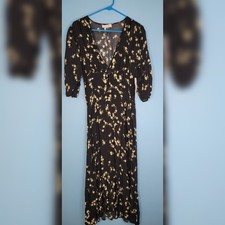 Flynn Skye Small Elsie Midi Dress Black White V Neck Hourglass Puff Sleeves NWOT