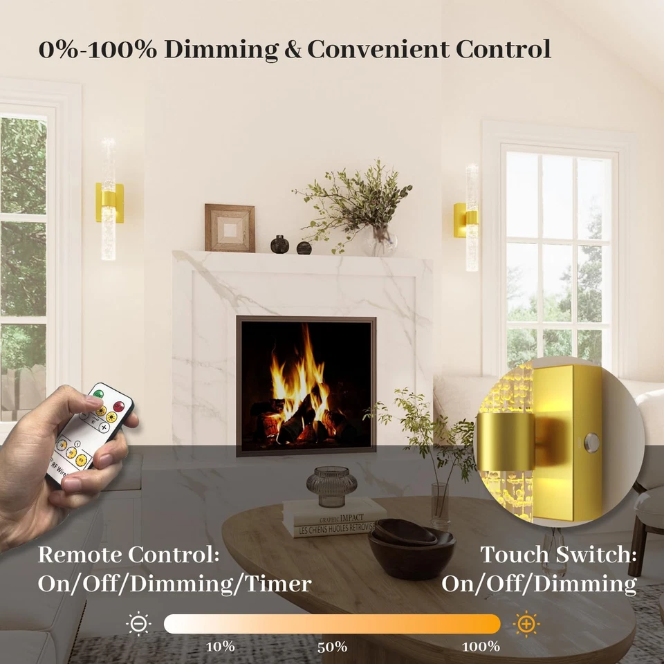 Juego de 2 apliques de pared LED de cristal a pilas, batería recargable dorada... Foto 4 de 4