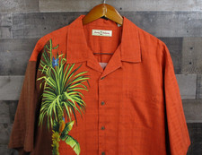 Tommy Bahama Shirt Mens XL Orange Silk Hawaiian Parrot Palm Short Sleeve Button