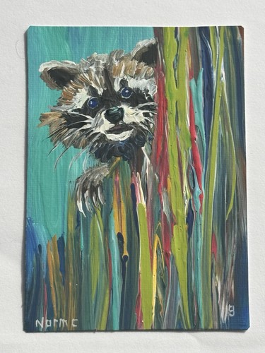 ACEO Original Painting Norm Courtney Art Trading Card ATC Norman Raccoon 2018