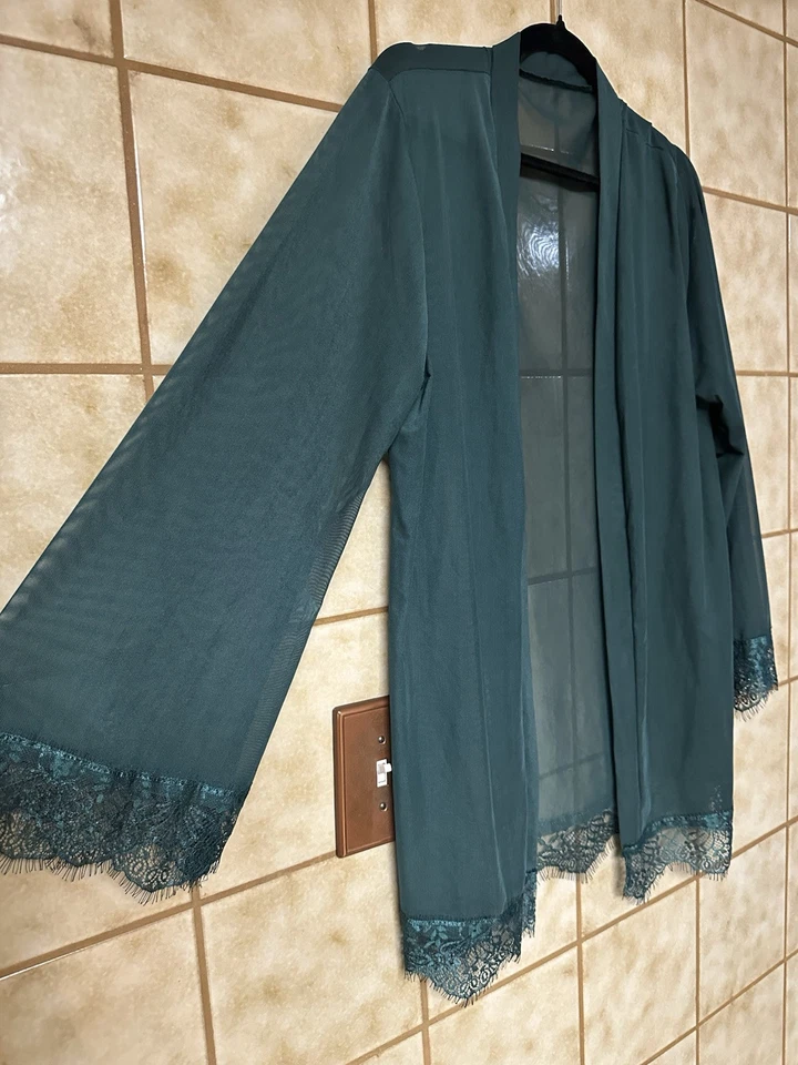 Bata Peignoir verde esmeralda sedosa Plus para mujer, capricho Fairycore oscuro, talla 2X Foto 2 de 4