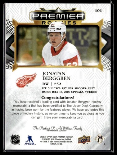 Maillot Upper Deck Premier Jonatan Berggren 2022-23 Red Wings #101 - Photo 2/2