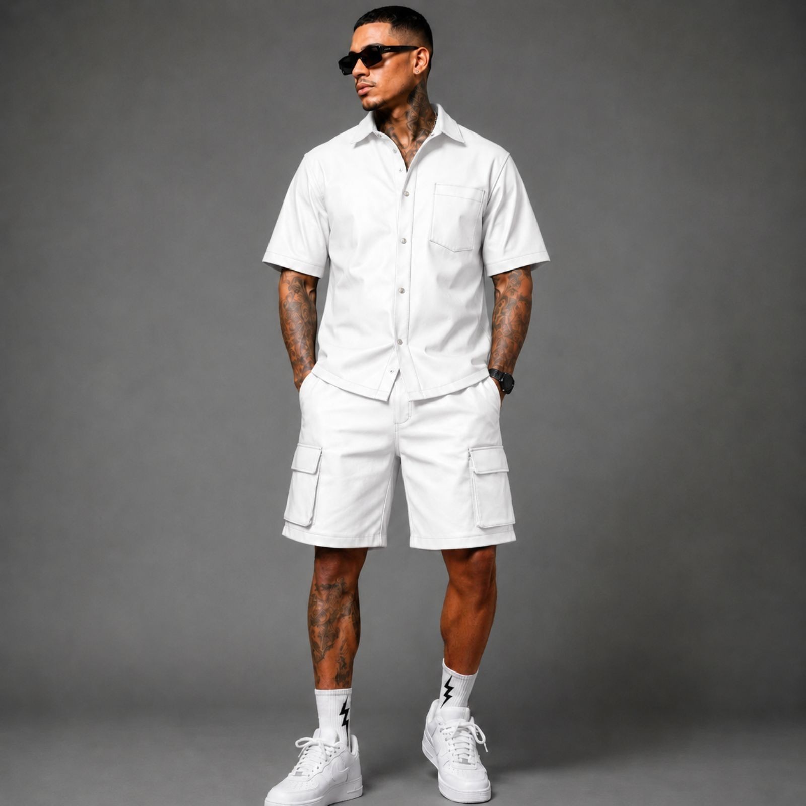 Conjunto corto de carga de cuero de oveja blanco para hombre ropa de calle de lujo camisa de diseñador de verano