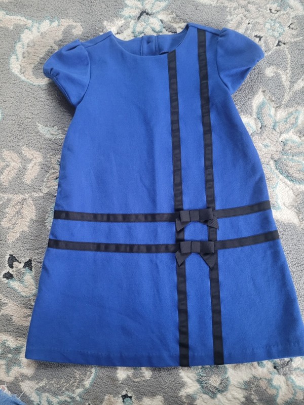 Janie and Jack Girls Blue Dress Black Ribbon Bows Short Sleeve Size 6