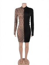 Black Nude Geometric Mesh Stretch Mock Neck Bodycon Knee Dress Long Sleeve M