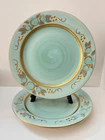 Two STANGL Pottery frosted fruit 11" dinner plates mid century aqua and gold