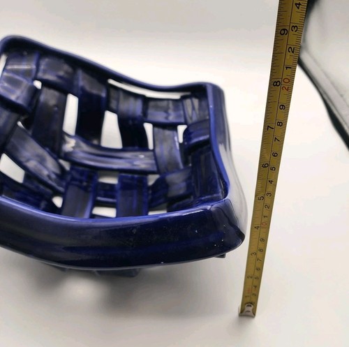 Handmade Cobalt Blue Ceramic Lattice Bowl Studio Pottery Modern Woven Basket Art - Picture 8 of 13