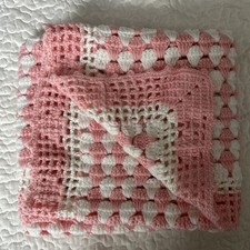 Handmade Crochet Baby Afghan Blanket Pink White Scalloped 38x34  Swaddle