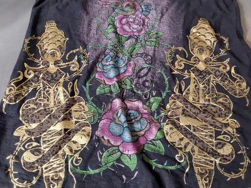 F.A.N.G. Top Mujer Talla 1X Amor y Paz Tatuaje Estilo Pájaro Rosa Negro Dorado - Imagen 3 de 3