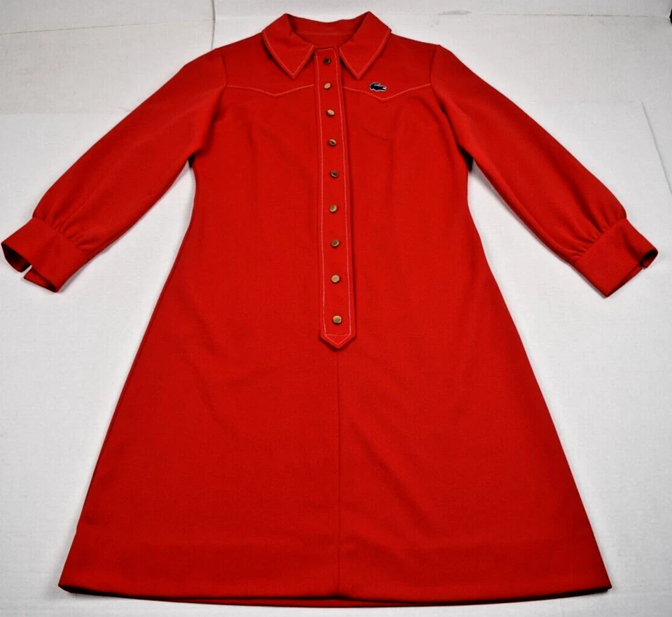 Lacoste Dress VTG Chemise Lacoste Size 16 M/L 70s Deep Red White Stitch Belted - Image 3 of 4
