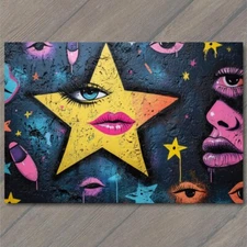 Art Print Woman Feminine Graffiti Blue Eyes Pink Lips Yellow Star Urban Abstract