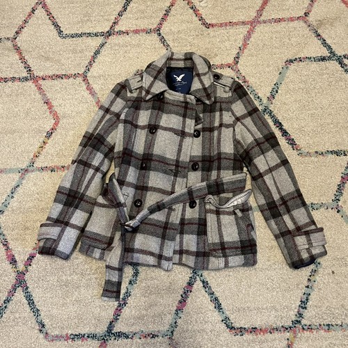 American Eagle Gray Burgundy Plaid Pea 