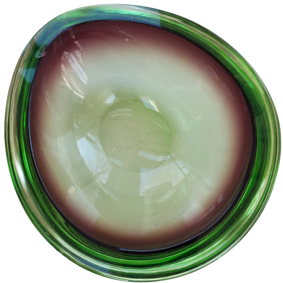 Imperfecto Raro Arte de Murano Vidrio Geoda Forma de Huevo Tazón Ovalado Verde Ámbar Transparente Foto 3 de 4
