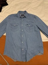 Wrangler Shirt Mens Large Blue Denim Chambray Pearl Snap Western Cowboy Rodeo