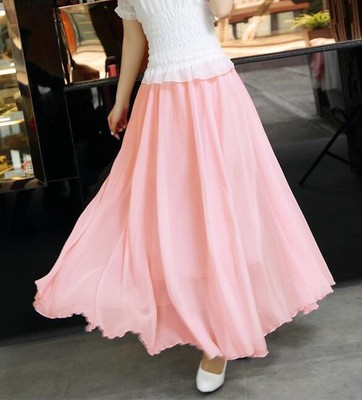 Big Discount Womens Layer Chiffon Pleated Retro Long Maxi Dress Elastic Waist Skirt Pink M