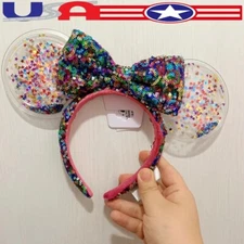 Disney Parks Minnie Mouse Ears Rainbow Confetti Sequin Bow Headband US💖