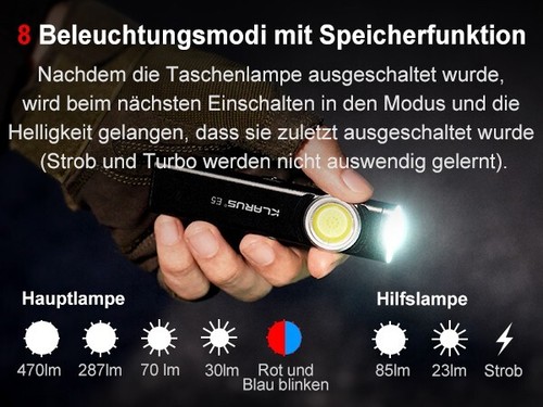 KLARUS E5 Mini Flache Taschenlampe Arbeitsleuchte 470LM Magnetfuß Schnallenclip - Bild 5 von 12