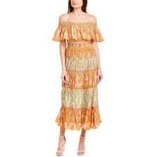 Alice + Olivia Kia Smocked Off the Shoulder Midi Dress Orange Floral Print 2
