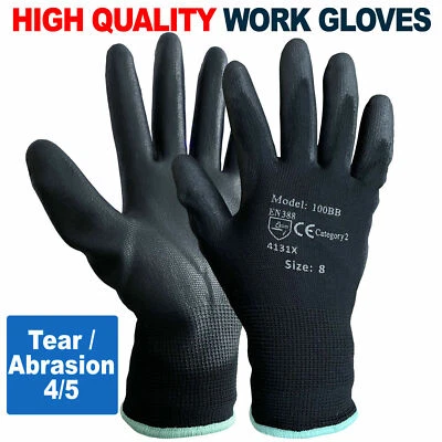 BLACK COATED GLOVES 24 Pairs BLACK POLYURETHNE (PU) COATED Nylon Work Gloves Builders Gardening Grip