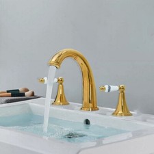 Gold Color Brass Widespread Bathroom Basin Faucet Sink 3 Hole Mixer Tap fgf023