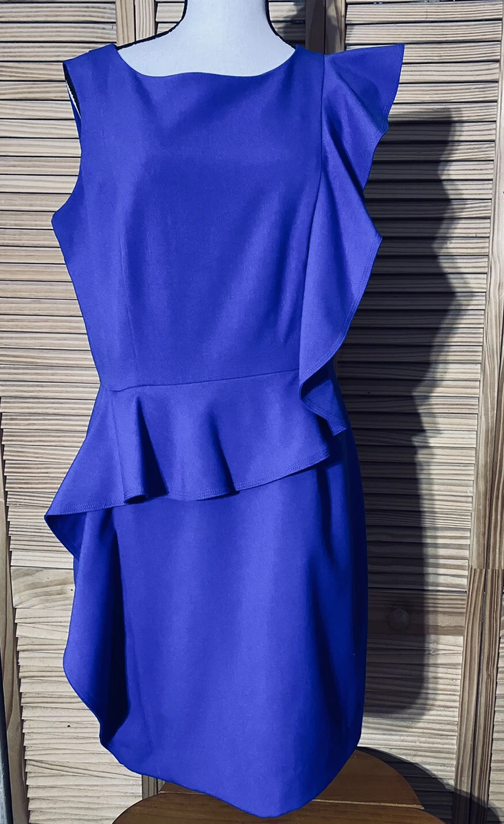 CALVIN KLEIN Blue Side Ruffle Sleeveless Round Neck Sleeveless Sheath Dress 10