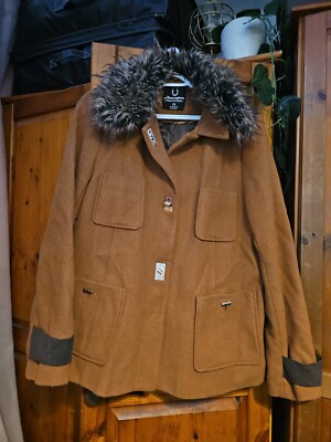 Primark Brown Camel Vintage Style Coat With Detachable Faux Fur Trim Size 16