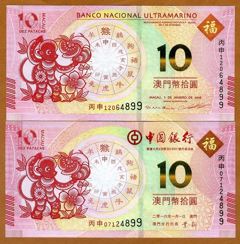 Macao / Macau, SET 2 x 10 Patacas, 2016, BOC and BNU, P-New, UNC Monkey Set