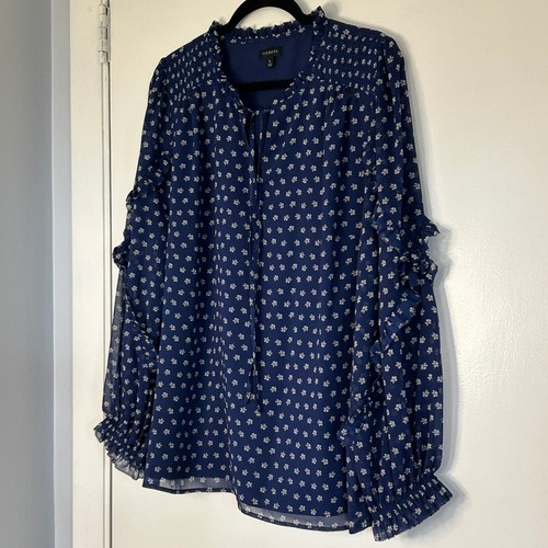 Talbots Women Floral Blouse Ruffle Long Sleeve Navy Blue Semi-Sheer Lined Sz XL - Picture 2 of 8