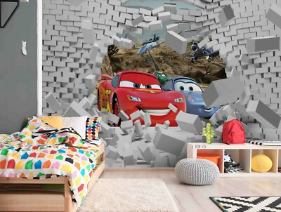 3D Cartoon Cars Brick Cracked Self-adhesive Removable Wallpaper Murals Wall 488