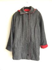 Vintage Herman Kay Oversized Wool Coat Gray Red Detachable Hood See Sz 8