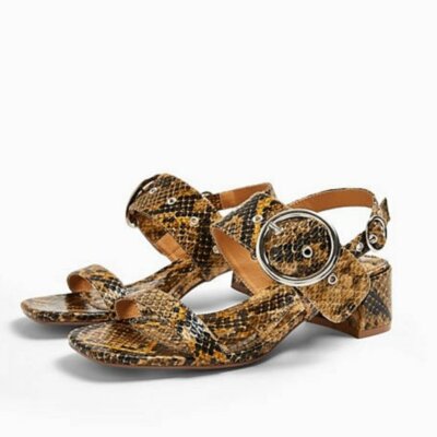 NEW Women Topshop snake print buckle block heel sandals Open Toe Yellow 