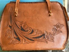 Hand Stitched Tooled Leather Tote Bag / VINTAGE 60's/Good