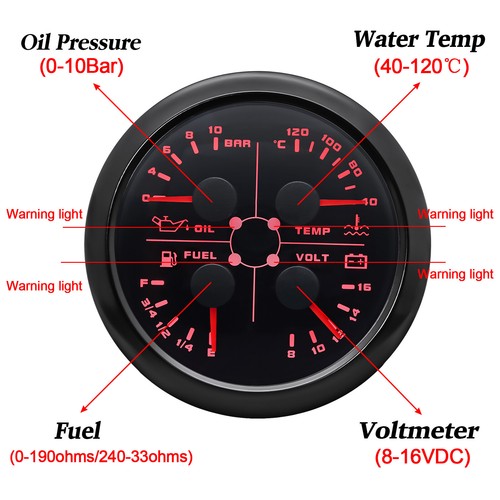 85mm 4 in 1 Gauge Fuel Level 0-190ohms Oil Pressure Water Temp Voltage For Boat - Picture 3 of 11