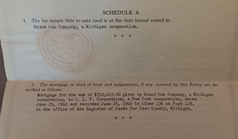 Title Insurance Sale Round Oak Stove Co to CIT 1946 Kaiser-Fraser 1947 Indenture