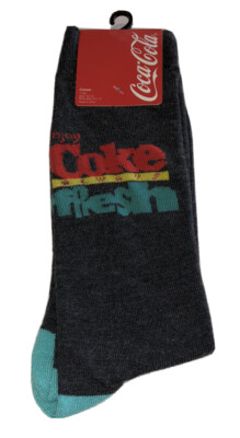 Coca Cola Coke Crew Socks 1 Pair Men 6.5-12 Gray Green Red Enjoy Fresh Soda Pop