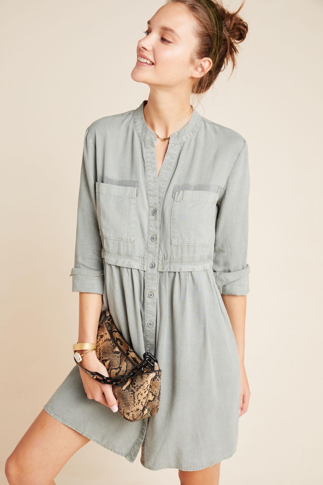 Cloth & Stone NWT Lila Utility Button Front Green Chambray Shirtdress Size XS