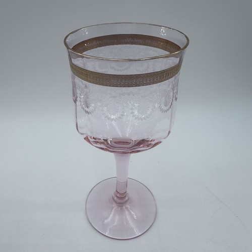 Rare 1920’s Morgantown Pink Needle Etched & Gold Rimmed Optic Stemmed Goblets - Picture 6 of 11
