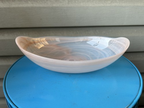 Pink White Swirl Oblong Shallow Art Glass Serving Bowl Dish 9.75"