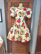 Victor Costa Dress Floral Cotton Vintage 80's Puff Sleeve Full Skirt Rockabilly