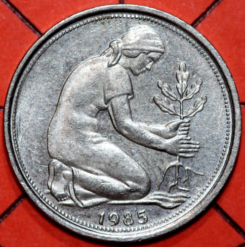 Germany 1985 F 50 Pfennig, Woman Planting an oak seedling - Foreign Coin  20mm - Picture 1 of 2