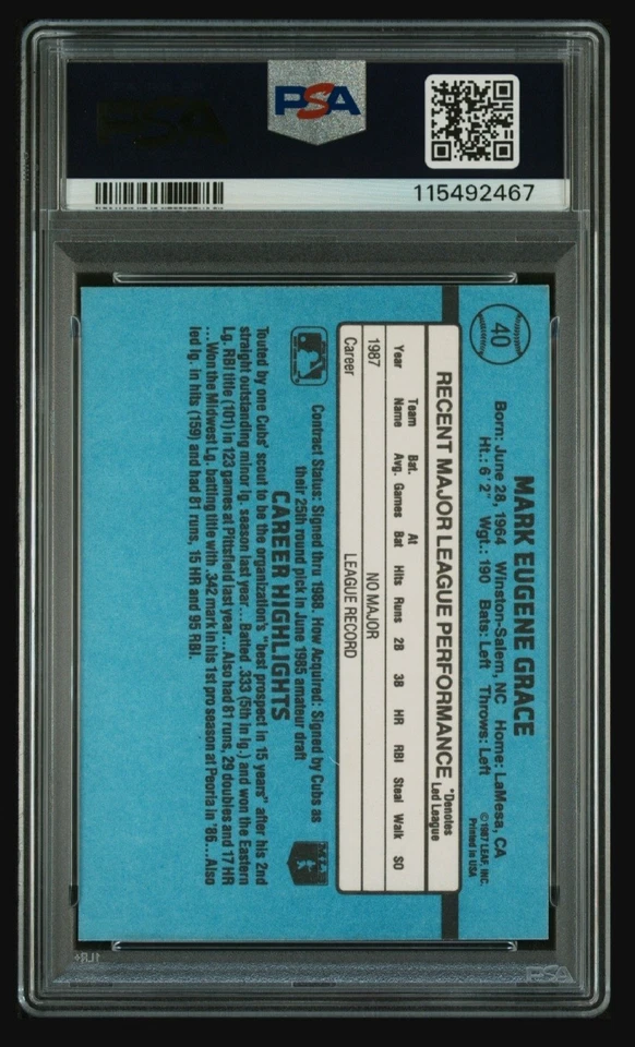 Tarjeta de novato firmada por Mark Grace Donruss #40 1988 autógrafo radiocontrol automático PSA 10 Cubs Foto 3 de 4