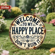 Welcome To My Happy Place Metal Sign Vintage Floral Farmhouse Wall Decoration