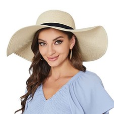 Women Wide Brim Sun Hat UPF50 Straw Summer Hat Floppy Beach One Size Tie Beige