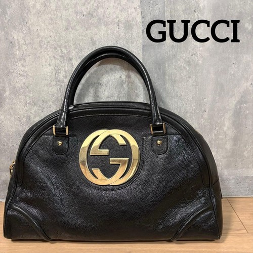 GUCCI Grained Boston Hand Bag Ziplock Leather Black Gold Hardware From Japan