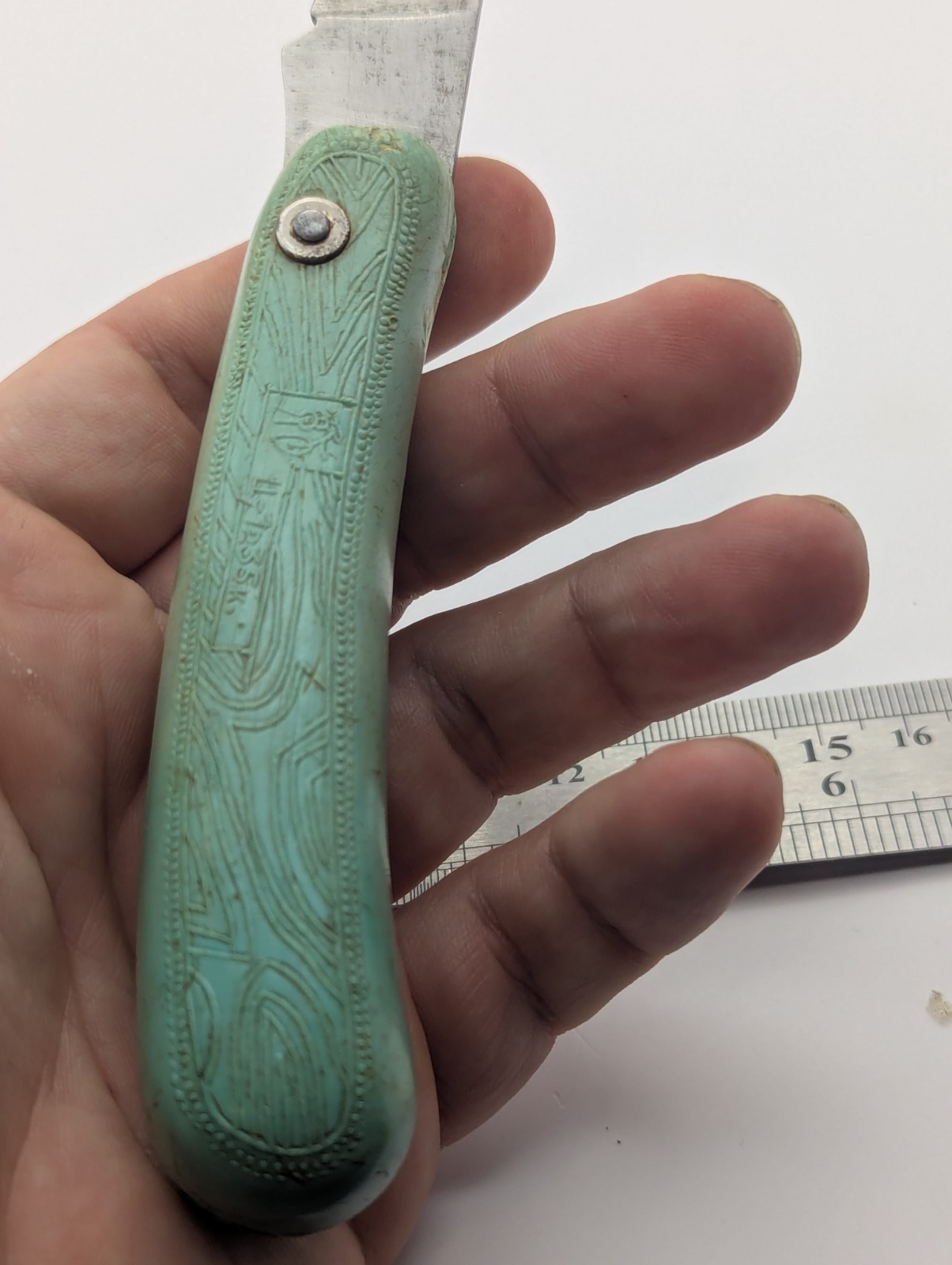 Vintage Soviet Gardening Pruning Knife Green Plastic Handle Curved Blade USSR